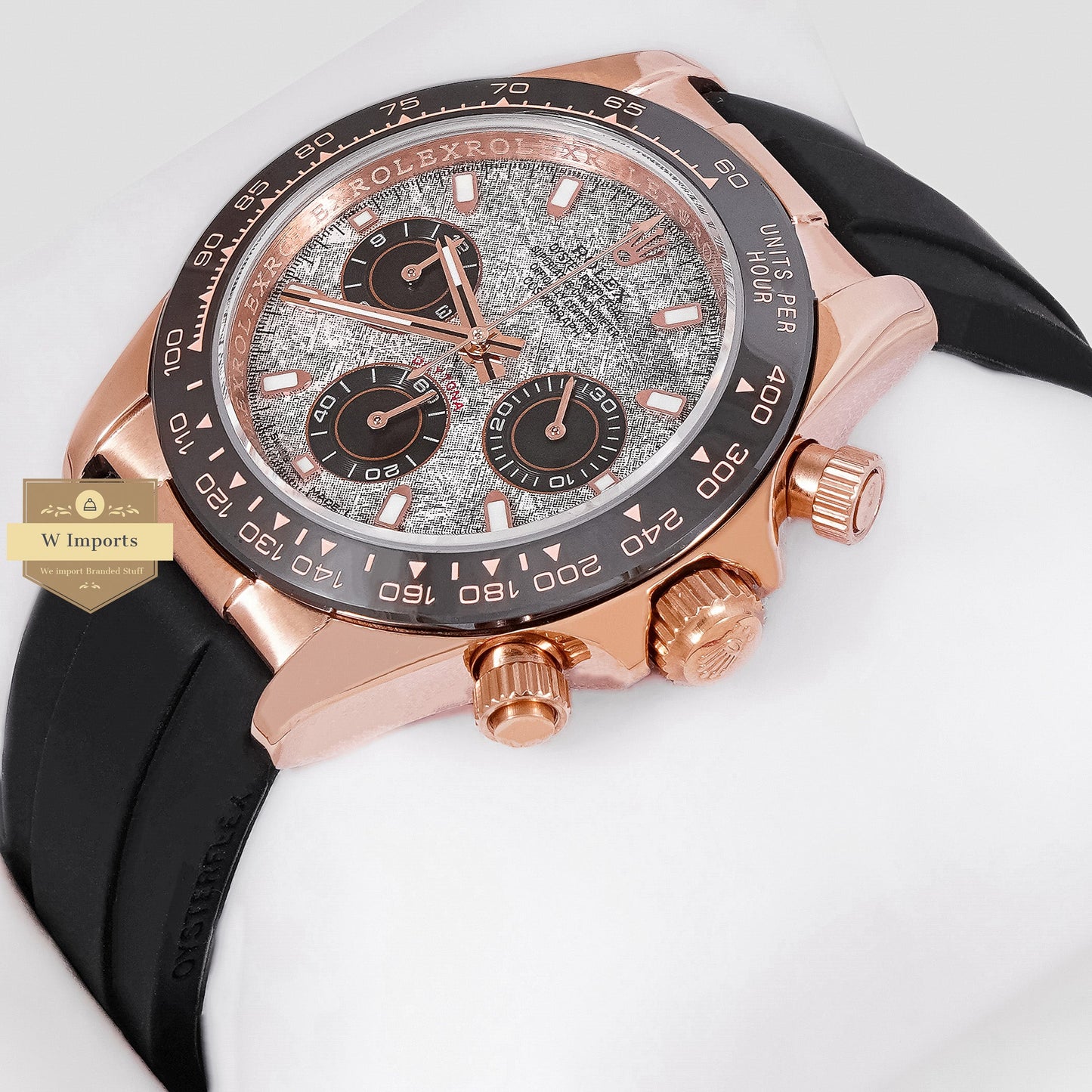 LATEST COLLECTION CHRONOGRAPH 40 ROSE GOLD CASE WITH GRAY MARBLE DIAL & BLACK RUBBER STRAP ZR FACTORY