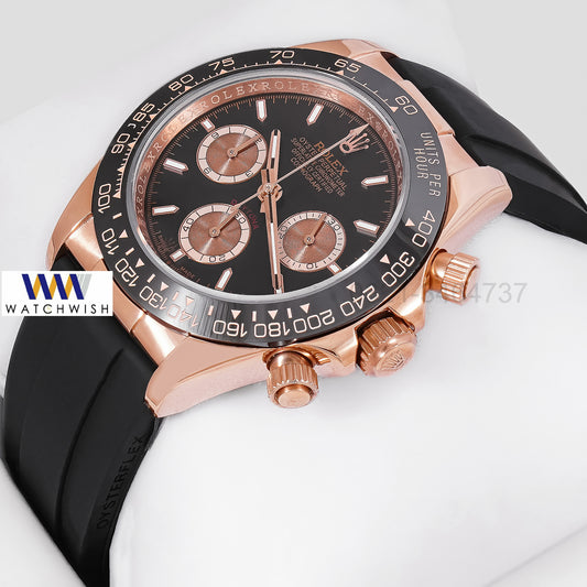 NEW COLLECTION CHRONOGRAPH 40 ROSE GOLD CASE WITH CERAMIC BEZEL BLACK DIAL RUBBER STRAP ZR FACTORY