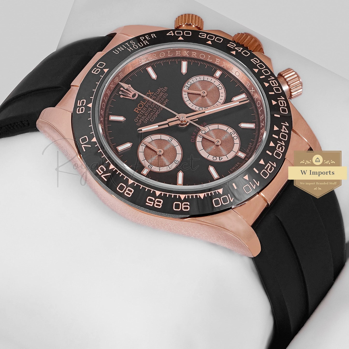 LATEST COLLECTION CHRONOGRAPH 40 ROSE GOLD CASE WITH CERAMIC BEZEL BLACK DIAL RUBBER STRAP ZR FACTORY