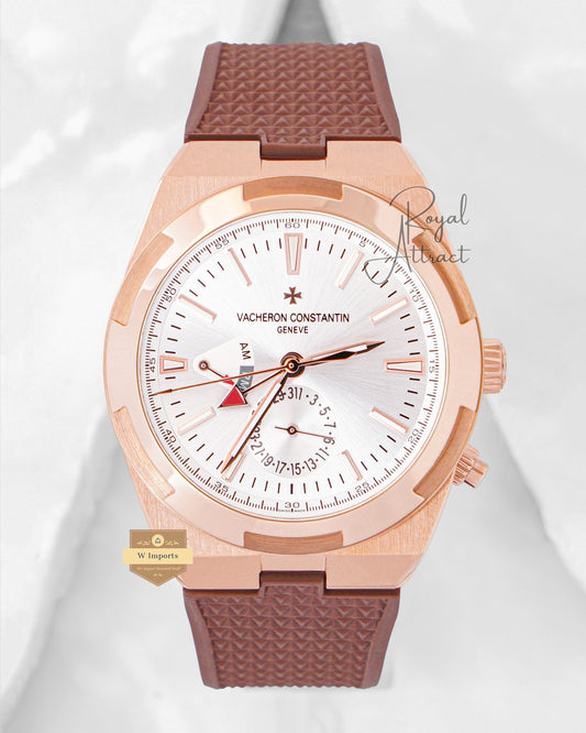 Latest Collection Dual Time Rose Gold Case With White Dial & Pvc Strap