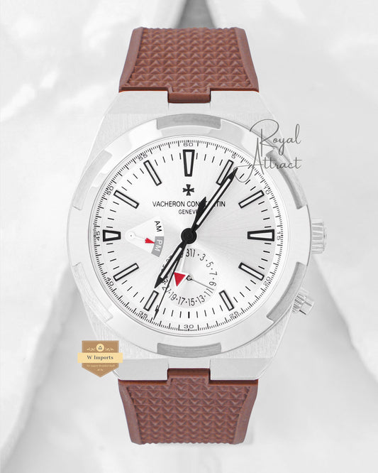 Latest Collection Dual Time Silver Dial And Case With Brown Pvc Strap
