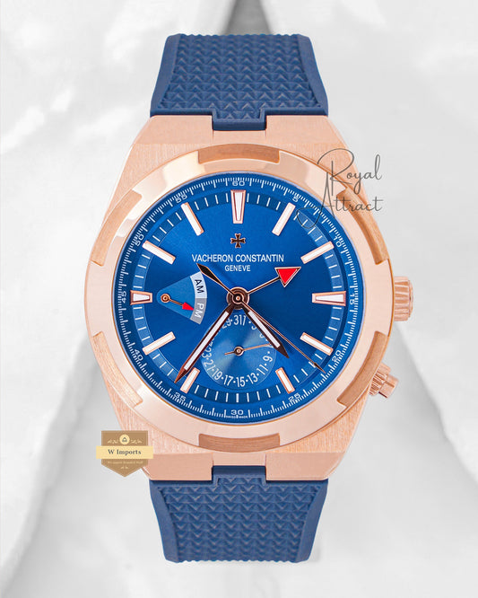 Latest Collection Dual Time Rose Gold Case With Blue Dial & Pvc Strap