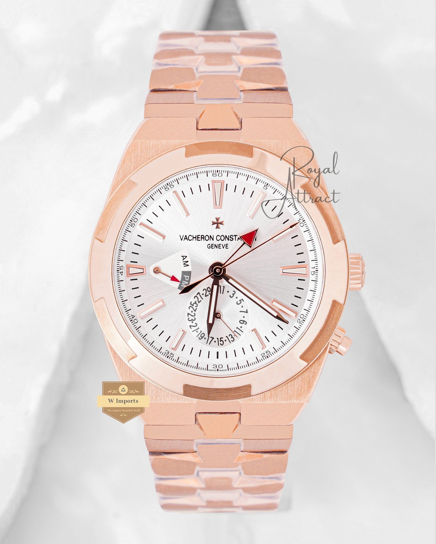 Latest Collection Dual Time Rose Gold With White Dial Chain Watch