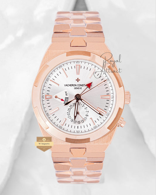 Latest Collection Dual Time Rose Gold With White Dial Chain Watch