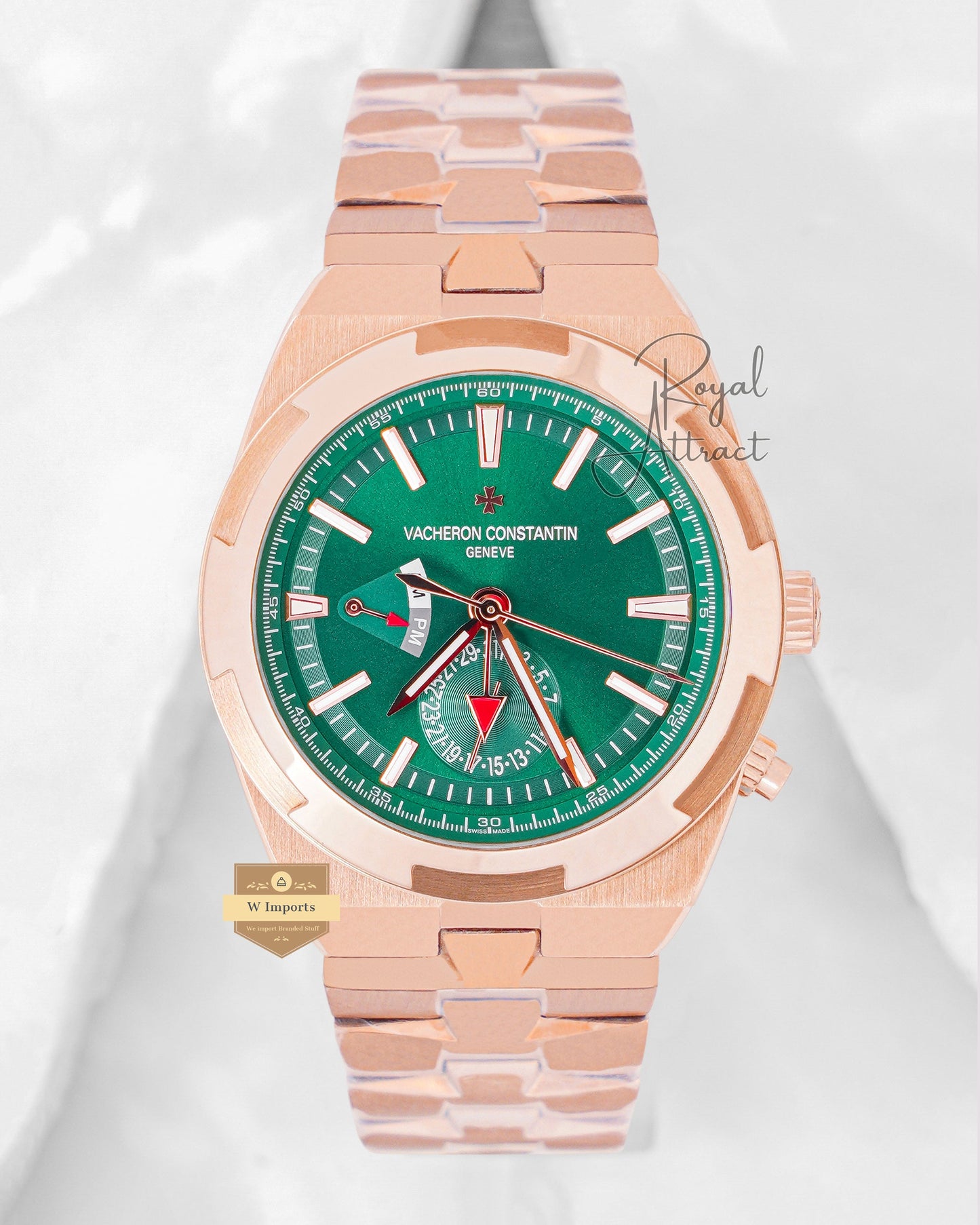 Latest Collection Dual Time Rose Gold With Green Dial Chain Watch
