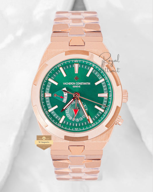 Latest Collection Dual Time Rose Gold With Green Dial Chain Watch