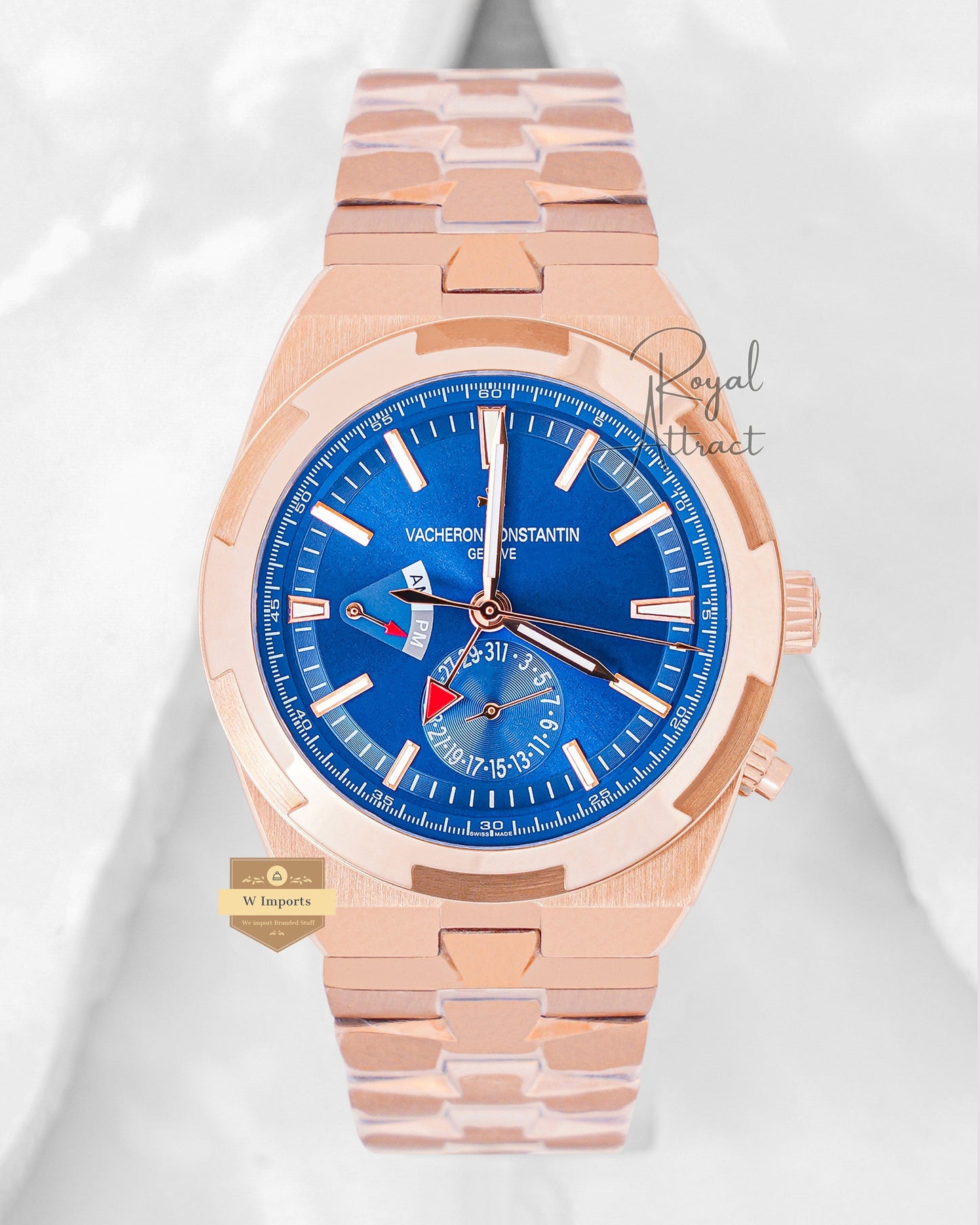 Latest Collection Dual Time Rose Gold With Blue Dial Chain Watch