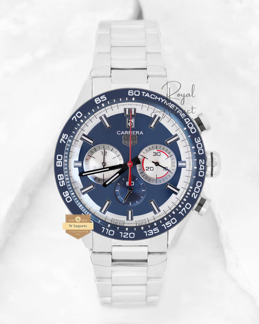 Latest Calibre Collection Chronograph Silver With Blue Dial & Bezel Chain Watch