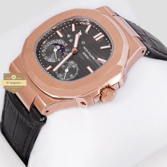 Latest Collection Rose Gold Case With Charcialdial & Leather Strap