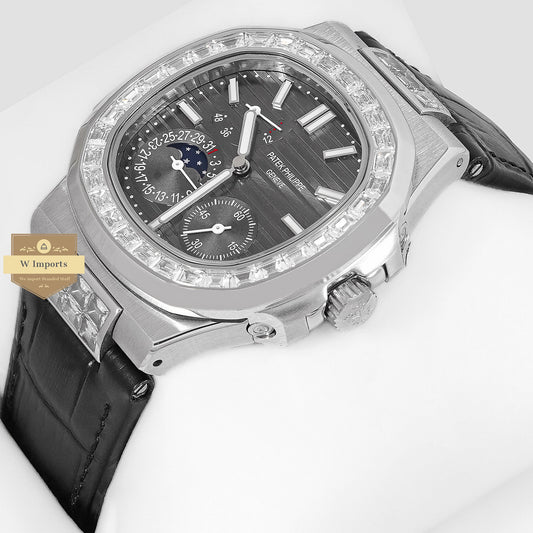 Latest Collection Silver Case Stone Bezel With Gray Dial & Leather Strap