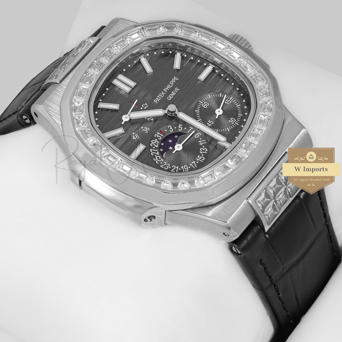 Latest Collection Silver Case Stone Bezel With Gray Dial & Leather Strap