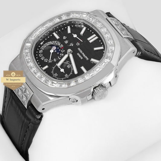 Latest Collection Silver Case Stone Bezel With Black Dial & Leather Strap