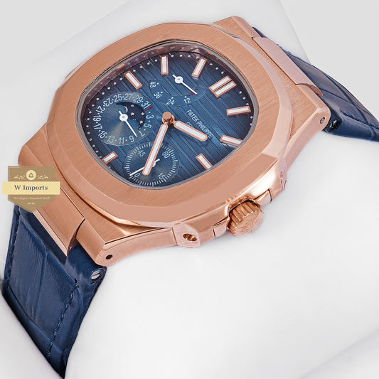 Latest Collection Rose Gold Case With Blue Dial & Leather Strap