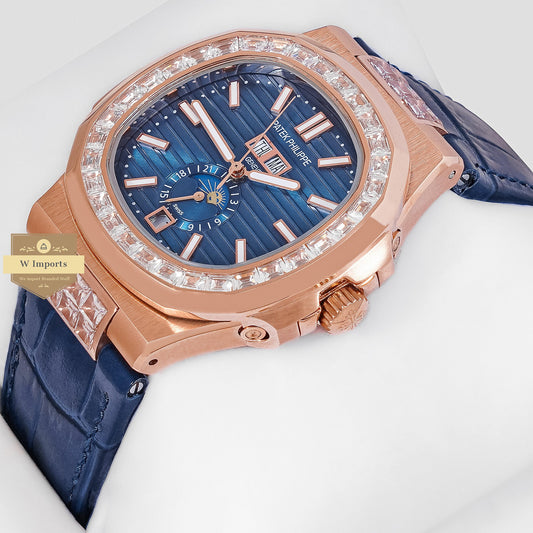Latest Collection Moon Phase Rose Gold Case Stone Bezel With Blue Dial & Leather Strap