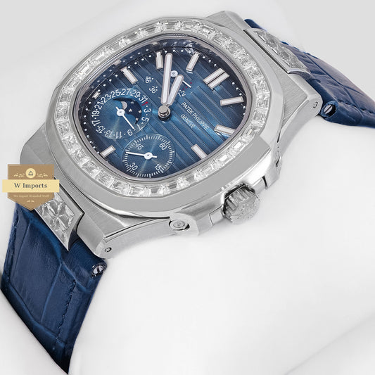 Latest Collection Silver Case Stone Bezel With Blue Dial & Leather Strap