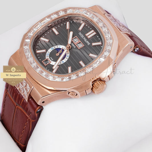 Latest Collection Annual Calendar Moon Phase Rose Gold Stone Case With Charcoal Dial & Brown Leather Strap