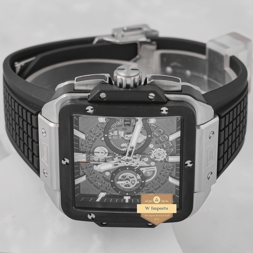 LATEST COLLECTION CHRONOGRAPH SQUARE SILVER CASE WITH GREY SKELETON DIAL & BLACK PVC STRAP