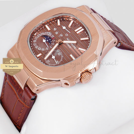 Latest Collection Rose Gold Case With Brown Dial & Leather Strap