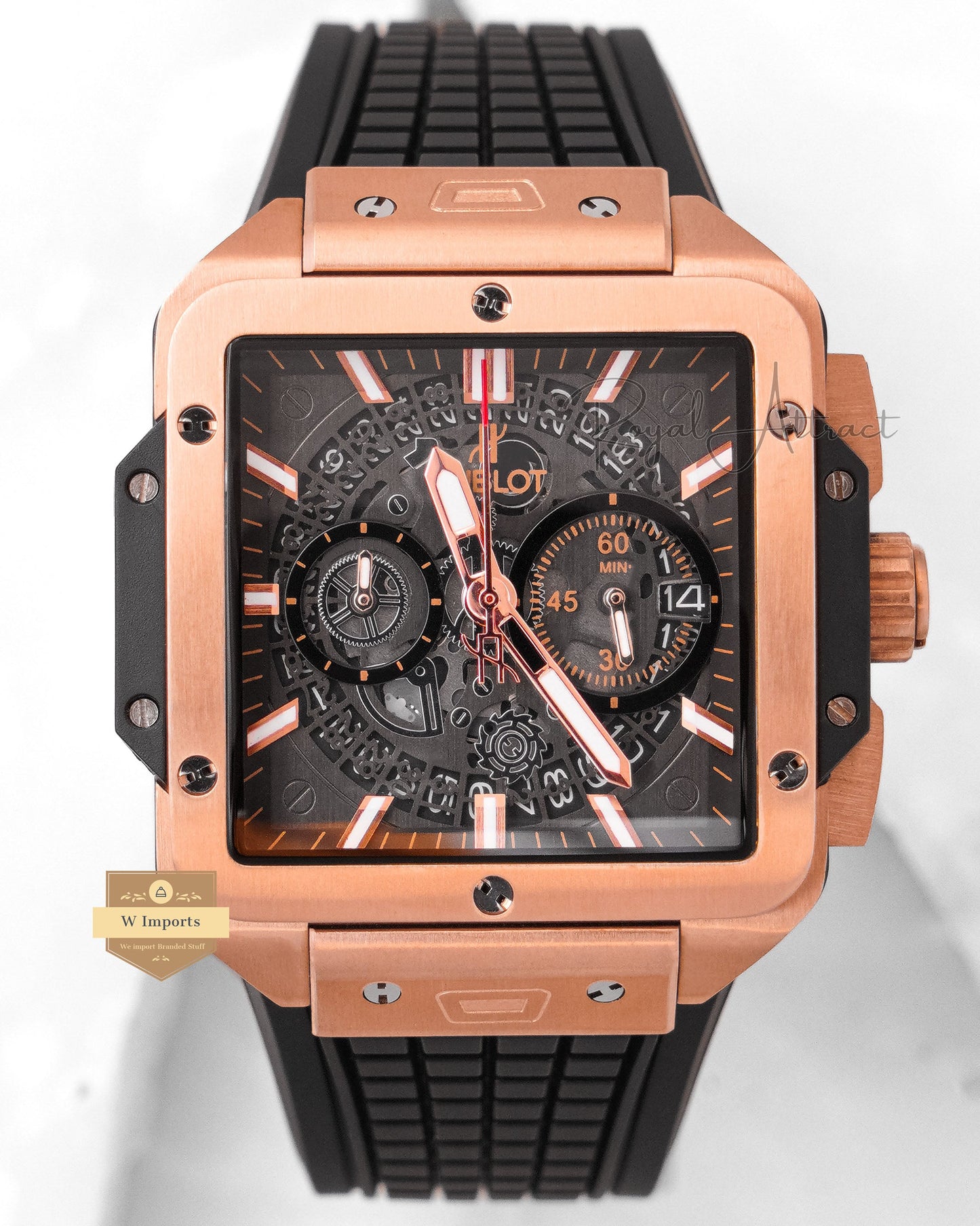 LATEST COLLECTION CHRONOGRAPH ROSE GOLD CASE WITH BLACK DIAL AND PVC STRAP