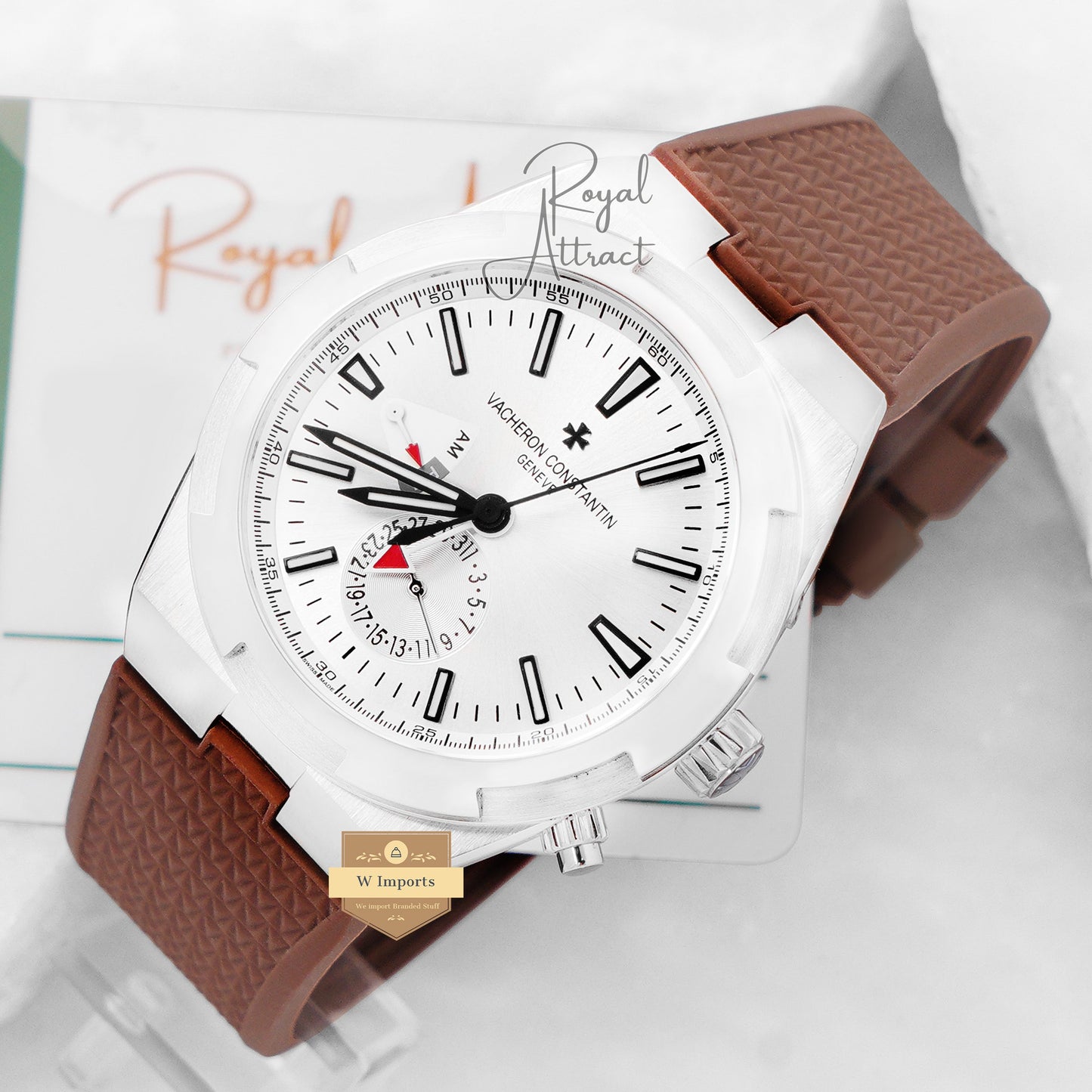 Latest Collection Dual Time Silver Dial And Case With Brown Pvc Strap