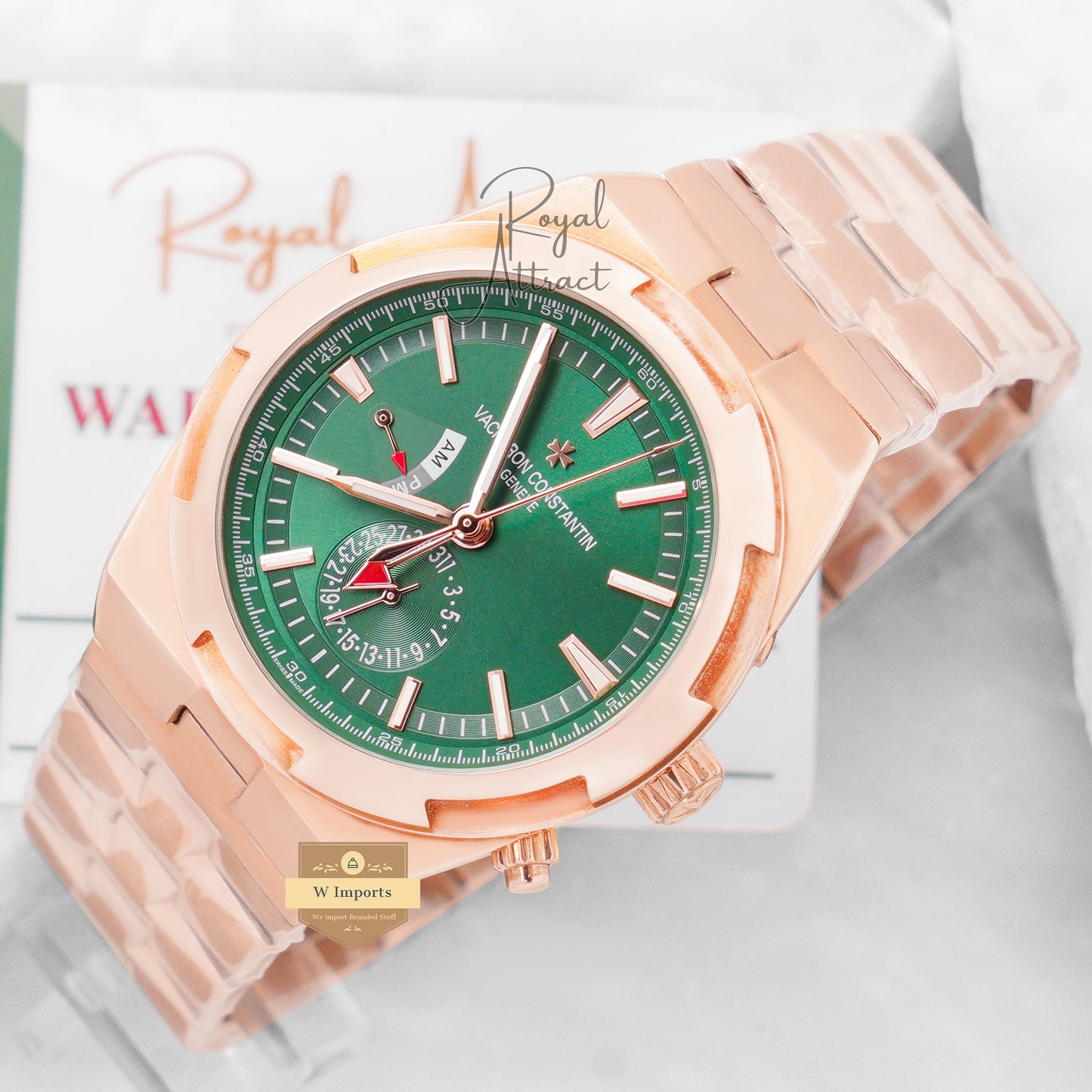 Latest Collection Dual Time Rose Gold With Green Dial Chain Watch