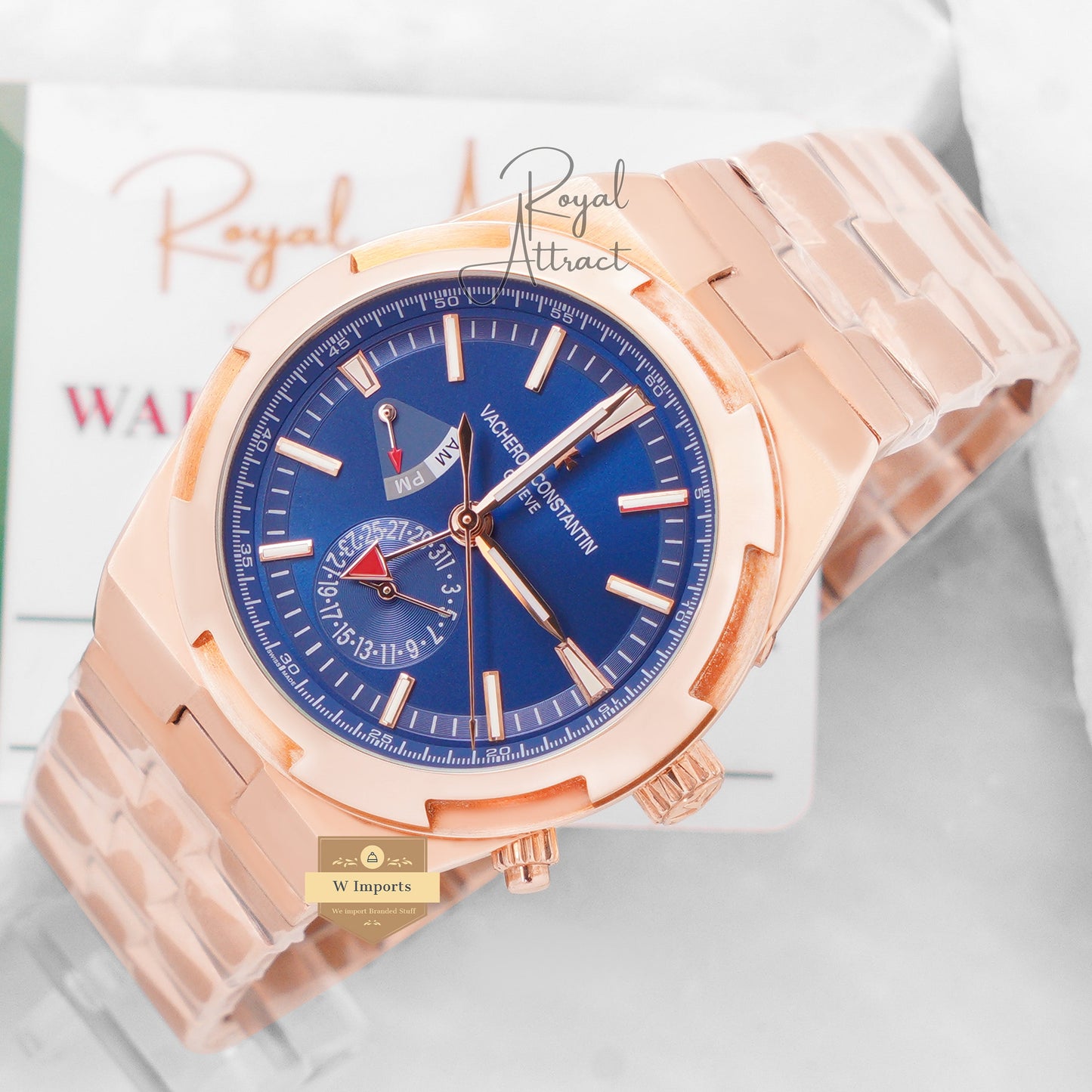 Latest Collection Dual Time Rose Gold With Blue Dial Chain Watch