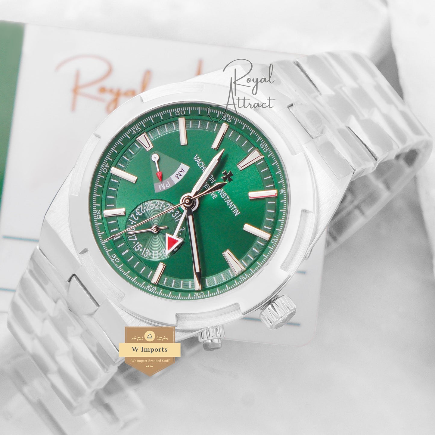 Latest Collection Dual Time Silver With Green Dial Chain Watch