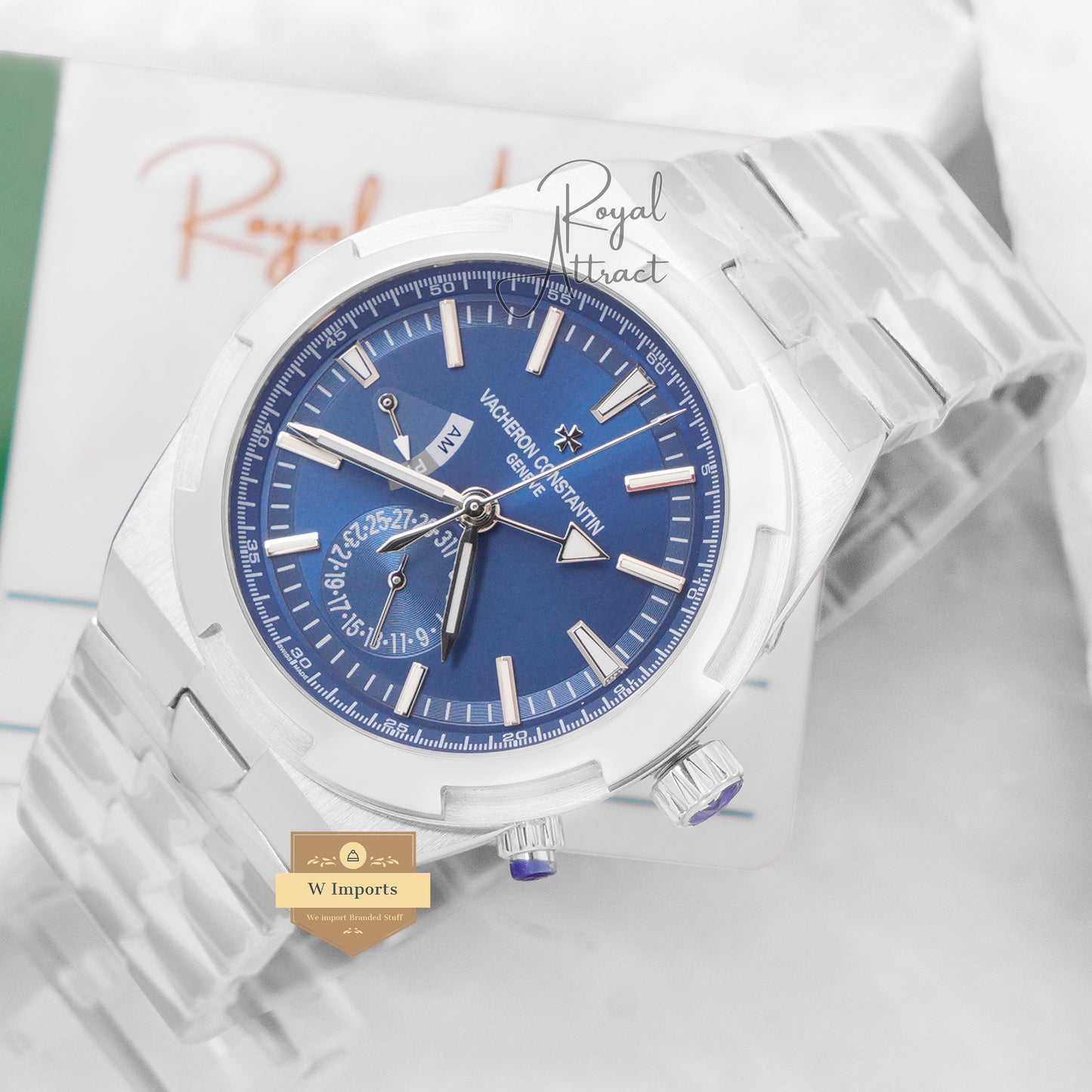 Latest Collection Dual Time Silver With Blue Dial Chain Watch