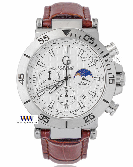 Latest Collection Chronograph Silver Case With White Dial & Leather Strap