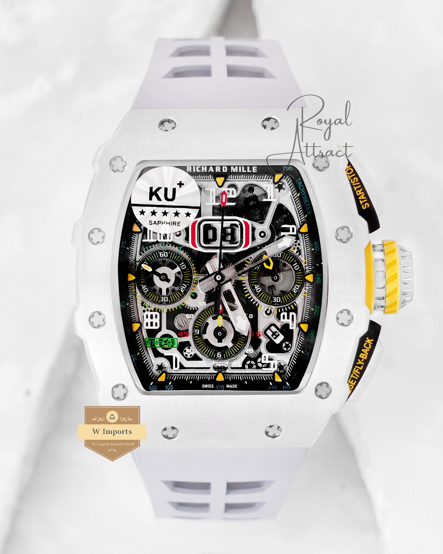 Latest Collection Chronograph Silver Case Skeleton Dial With Gray Rubber Strap