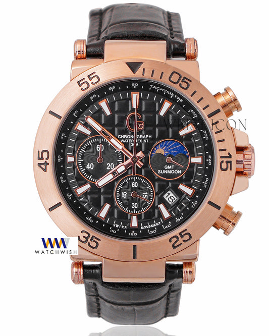 Latest Collection Chronograph Rose Gold Case With Black Dial & Leather Strap