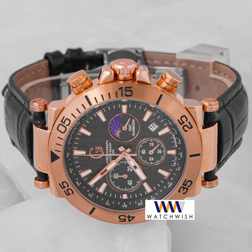 Latest Collection Chronograph Rose Gold Case With Black Dial & Leather Strap