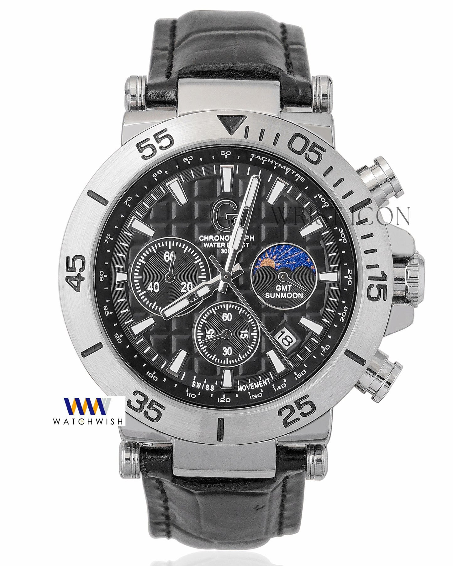 Latest Collection Chronograph Silver Case With Black Dial & Leather Strap