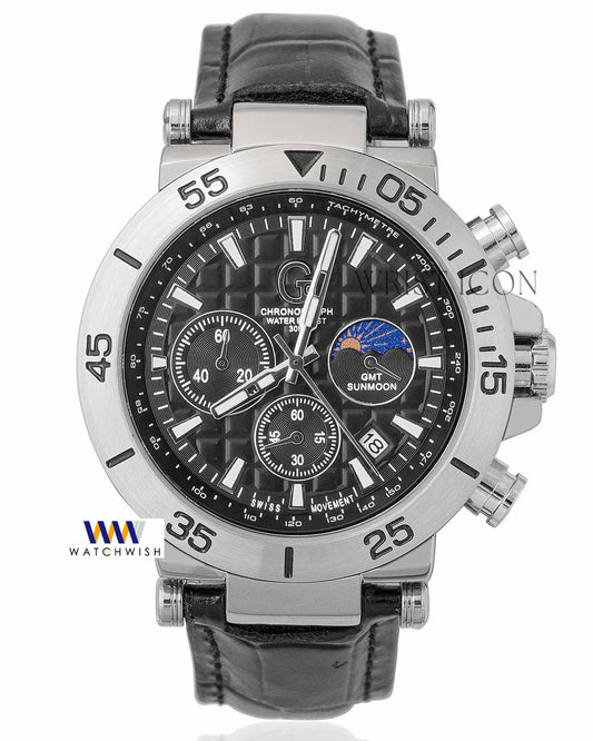 Latest Collection Chronograph Silver Case With Black Dial & Leather Strap
