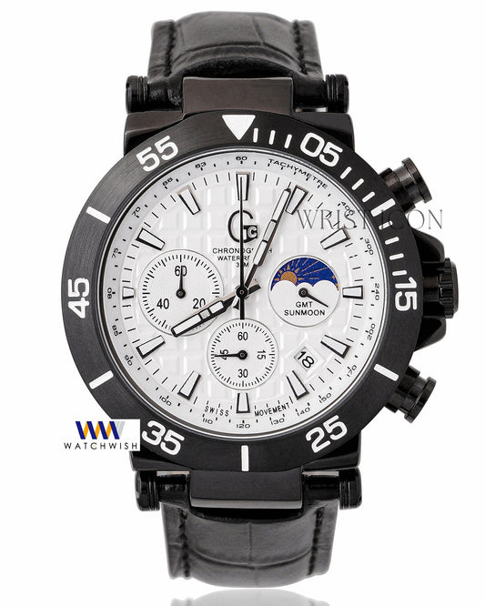 Latest Collection Chronograph Black Case With White Dial & Leather Strap