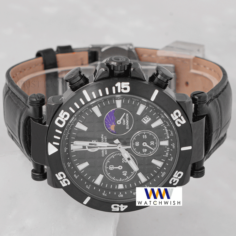 Latest Collection Chronograph Black Case With Black Dial & Leather Strap