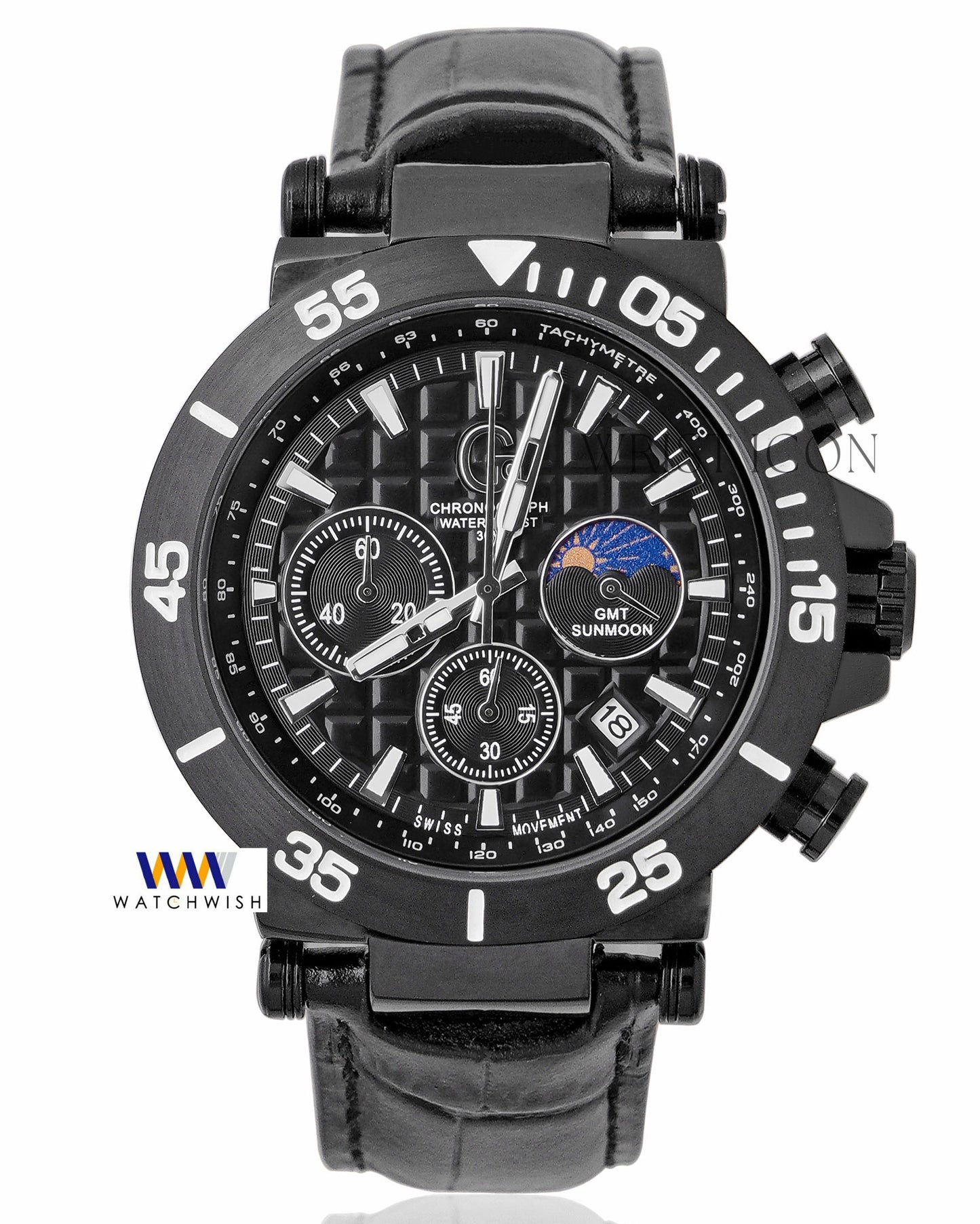 Latest Collection Chronograph Black Case With Black Dial & Leather Strap