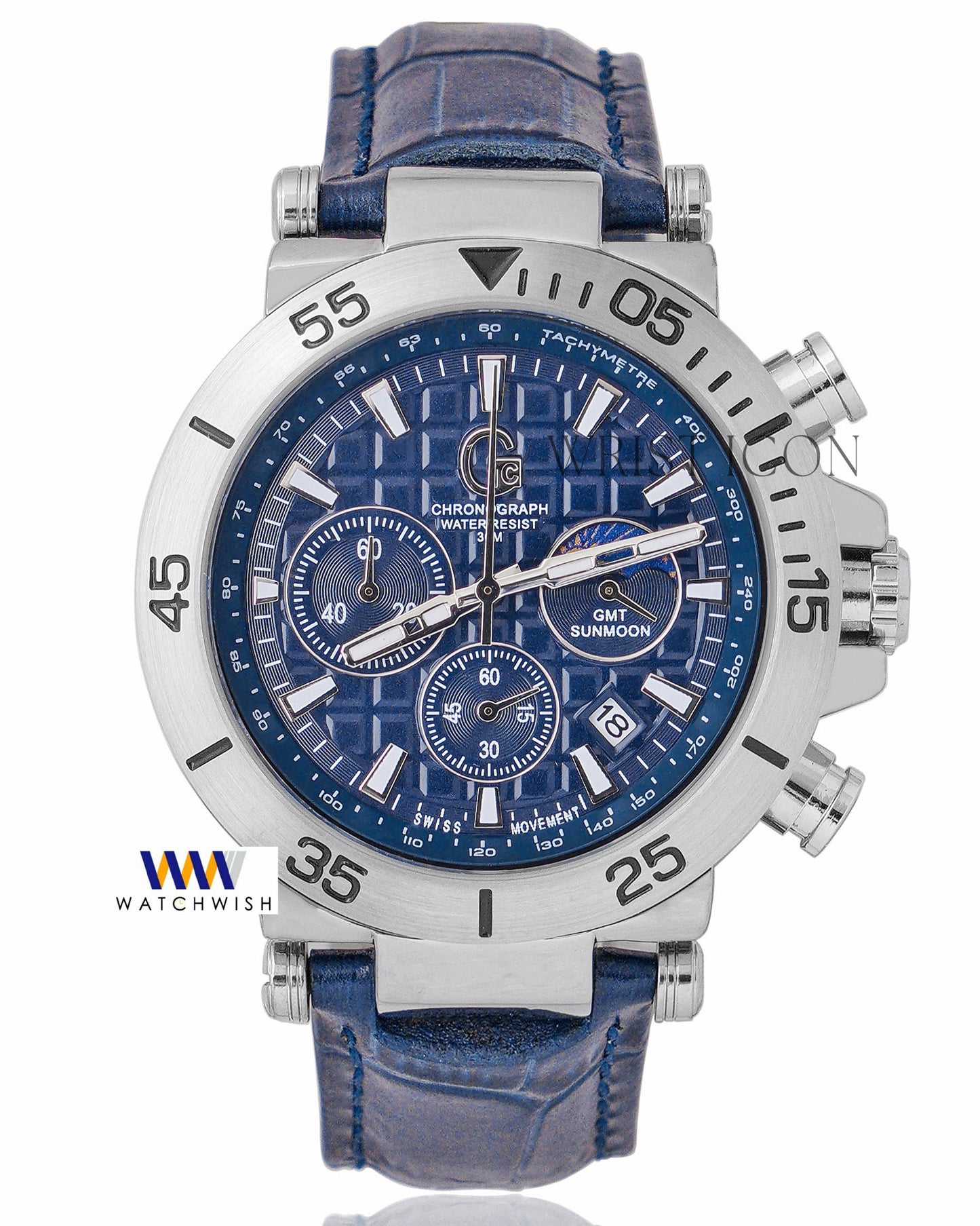 Latest Collection Chronograph Silver Case With Blue Dial & Leather Strap
