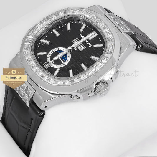 Latest Collection Annual Calendar Moon Phase Silver Stone Case With Black Dial & Leather Strap