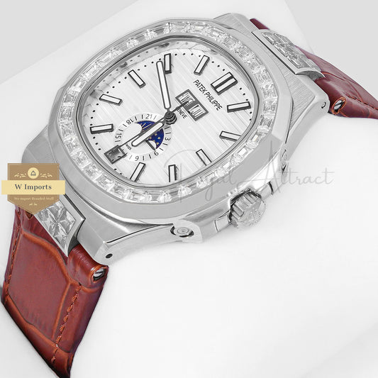 Latest Collection Annual Calendar Moon Phase Silver Stone Case With White Dial & Brown Leather Strap