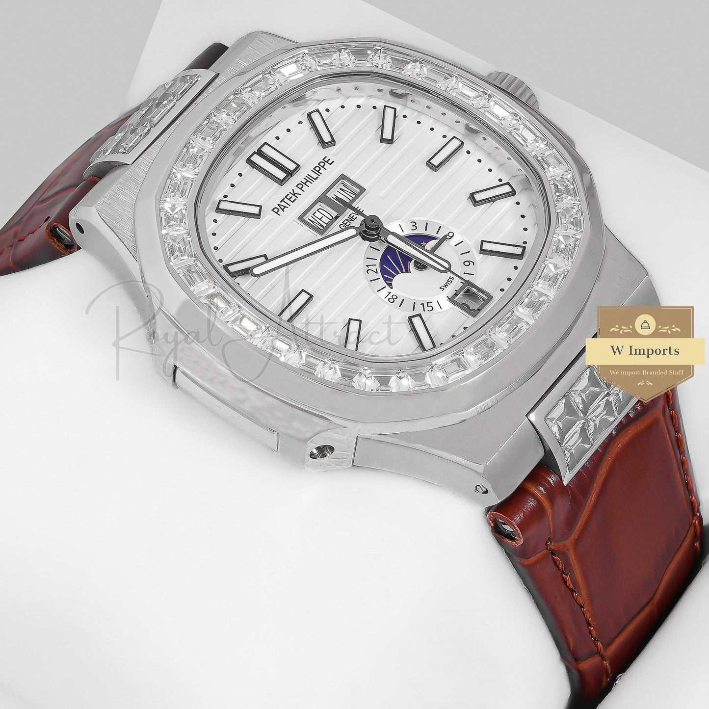Latest Collection Annual Calendar Moon Phase Silver Stone Case With White Dial & Brown Leather Strap