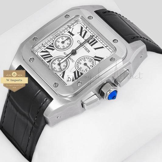 Latest Collection Chronograph Silver Case With White Dial & Black Leather Strap