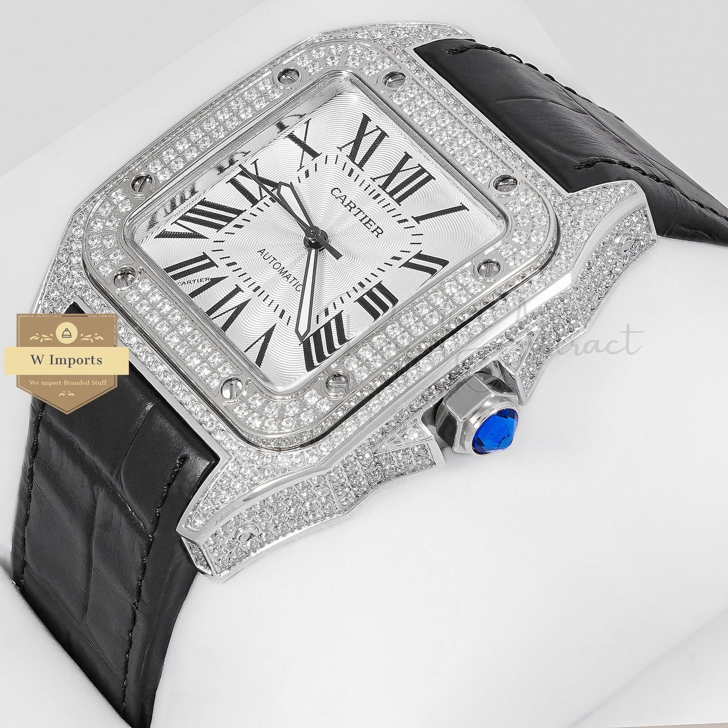 LATEST COLLECTION SILVER STONE CASE WITH WHITE DIAL & BLACK LEATHER STRAP