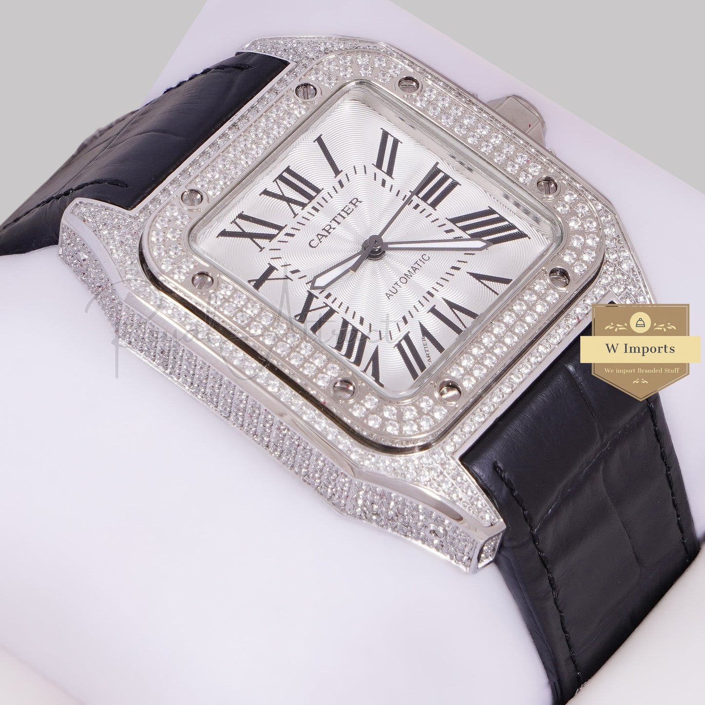LATEST COLLECTION SILVER STONE CASE WITH WHITE DIAL & BLACK LEATHER STRAP