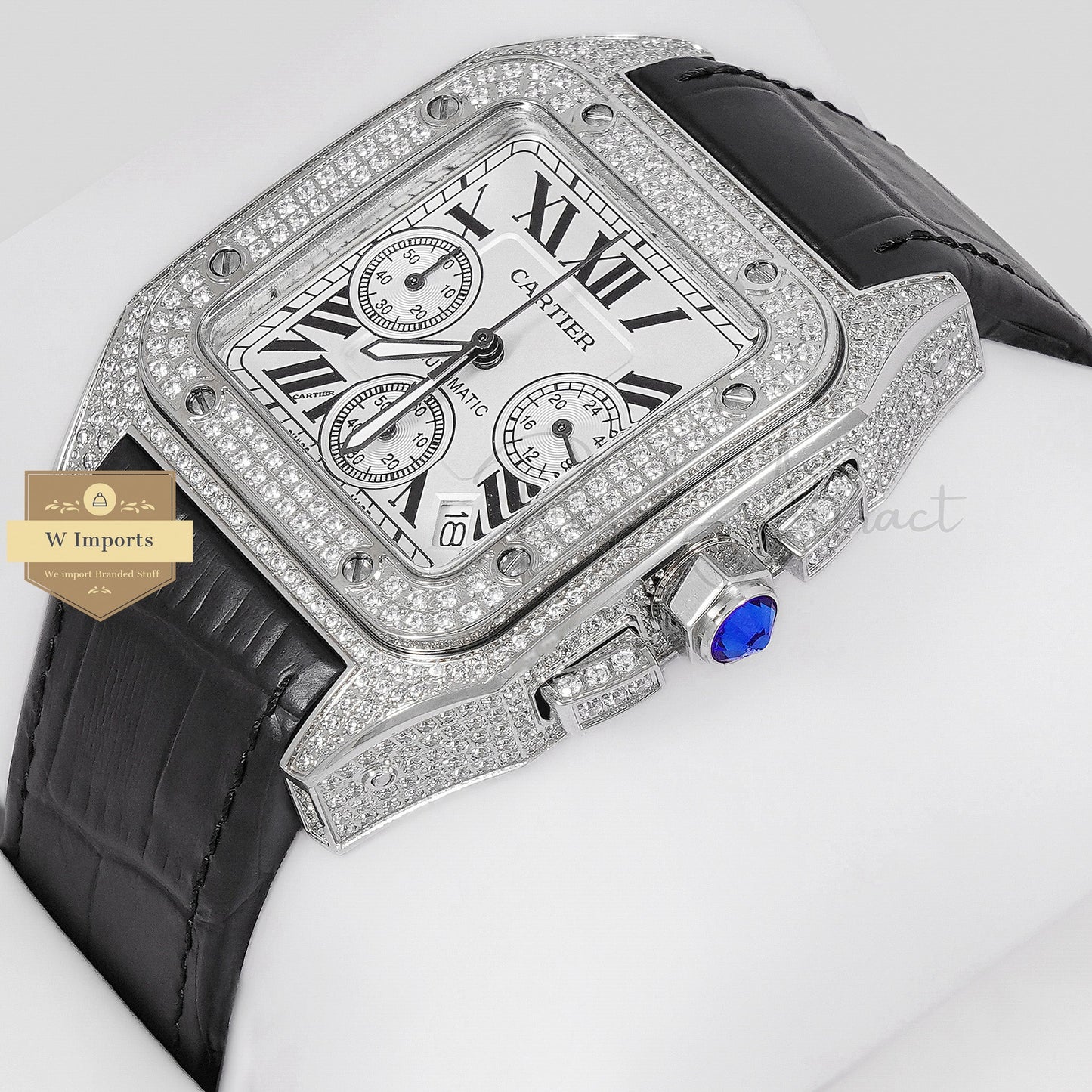 LATEST COLLECTION CHRONOGRAPH SILVER STONE CASE WITH WHITE DIAL & BLACK LEATHER STRAP