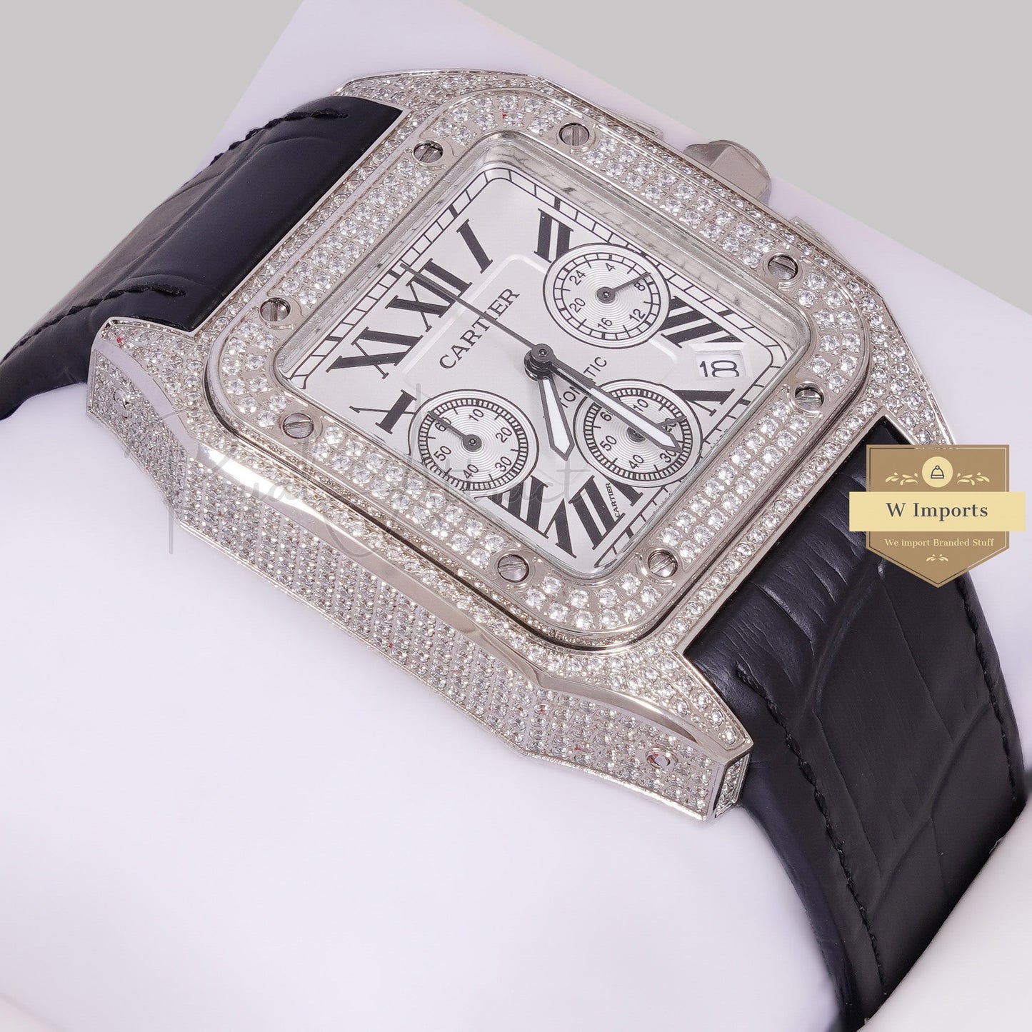 LATEST COLLECTION CHRONOGRAPH SILVER STONE CASE WITH WHITE DIAL & BLACK LEATHER STRAP