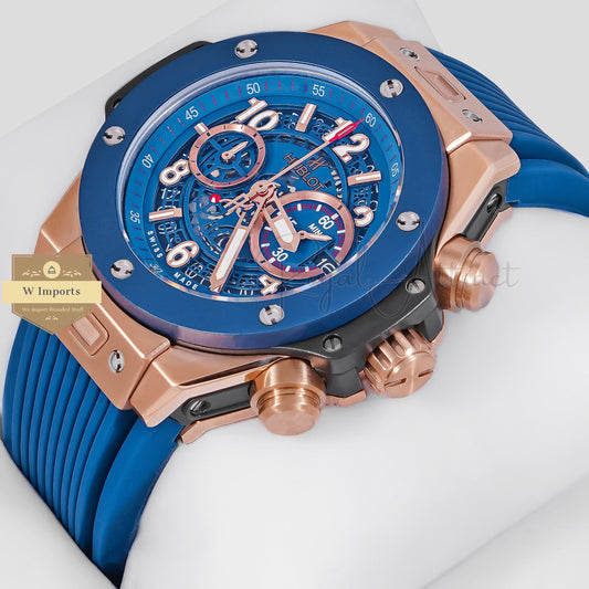 Latest Collection Chronograph Rose Gold Case With Blue Dial & Pvc Strap
