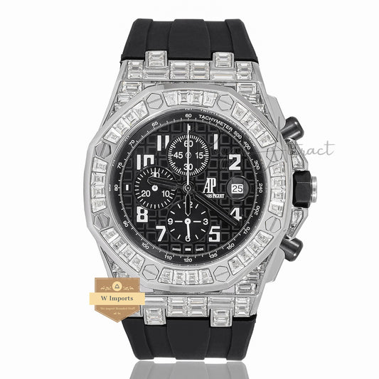 Latest Collection Chronograph Silver Stoned Bezel With Black Dial & Rubber Strap