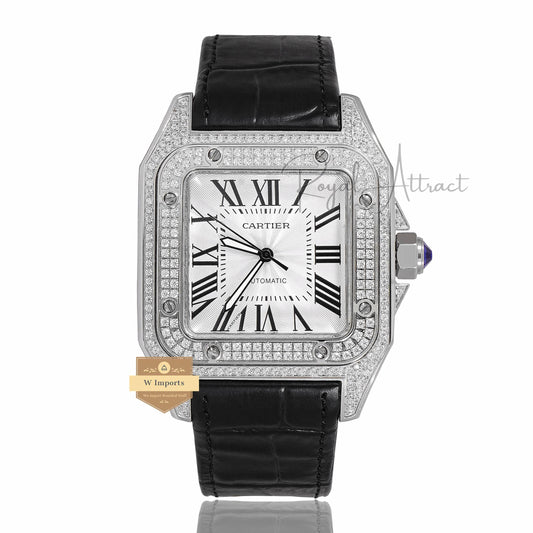 LATEST COLLECTION SILVER STONE CASE WITH WHITE DIAL & BLACK LEATHER STRAP