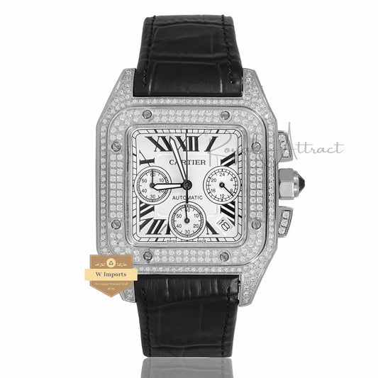 LATEST COLLECTION CHRONOGRAPH SILVER STONE CASE WITH WHITE DIAL & BLACK LEATHER STRAP